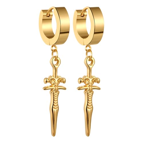 JewelryWe Schwert Creolen Ohrringe Herren Gold Edelstahl Creolen Huggie Hoop Ohrringe mit Dämon Ziegenkopf Dolch Anhänger Satan Punk Hängend Ohrringe Ohrstecker Halloween Geschenk für Männer Frauen