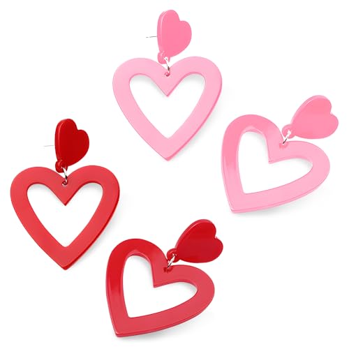 2 Paar Herz Ohrringe doppelte Herz Creolen Acryl Liebes Herz Ohrringe Rosa Herz Ohrringe Rot für Frauen und Mädchen rot rosa