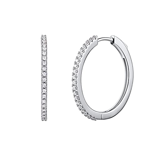 Groß MittelGroße Creolen Ohrringe Breite Huggie aus 925 Sterling Silber mit Weiß Vergoldet mit Funkelnd Zirkonia Rundschliff Schmuck für Damen Frauen Mädchen - Durchmesser 30 mm
