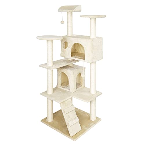 Wiltec Kratzbaum in Beige 130 cm hoch Katzenkratzbaum mit Aussichtsplattformen Kletterbaum mit Katzenhäusern Katzenbaum mit Spielbällen