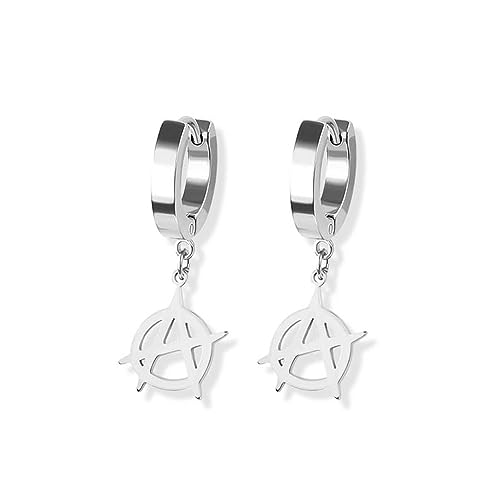 BlackAmazement 2er Set 316L Edelstahl Creolen Hinged Huggie Dangle Kette Anarcho Zeichen Symbol Kreis-A Anarchie ist Ordnung Ohrring Piercing schwarz silber gold Punk Herren Damen Silber