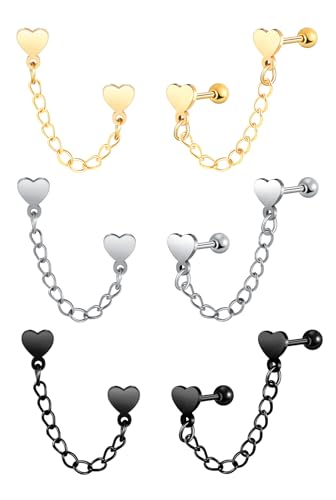 Yumilok 3 Paar Unisex Ohrringe Creolen Set Ketten Herz Piercing Ohrhänger Creolen Ohrstecker Ohrhänger Ohr-Piercing für Herren Damen Knorpel Helix Tragus