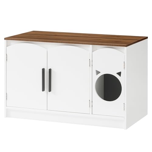 HOOBRO Katzenklo Schrank Verstecktes Katzenklo Katzenschrank Moderner Katzenkloschrank aus Holzwerkstoff mit 2 Türen Katzentoilette Katzenmöbel katzenkopfförmig Weiß und Walnuss EWH51MW01