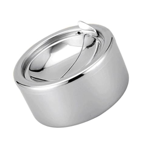 Cabilock Winddichter Edelstahl Aschenbecher mit Deckel Automatischer Verschluss Wetterfest für Innen und Außen Elegantes Design Leicht zu Reinigen Silberner Standaschenbecher für Zuhause