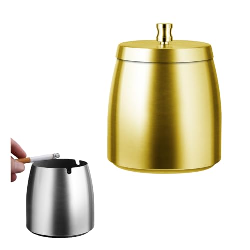 HSTWODE 1 Stück Aschenbecher für den Außenbereich Mit Deckel Standaschenbecher - Edelstahl Rutschfester Boden Geeignet für Zuhause Büro Schreibtisch Terrasse Balkon im Freien Gold