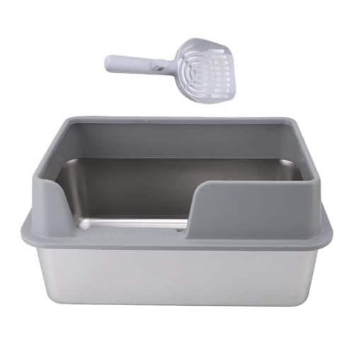 Edelstahl Katzentoilette Hochwandige Katzentoilette Spritzwassergeschützt Großes Katzenklo mit Schaufel für Katzen und Kleintiere aus Edelstahl 50 x 35 x 25 cm Grau