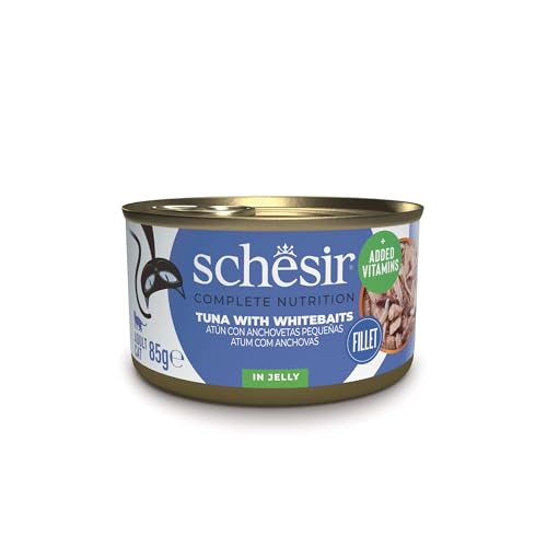 Schesir Thunfisch mit Anchoveten in Gelee Nassfutter für Katzen in Dosen 100% natürlich mit zusätzlichen Vitaminen 12 x 85 g