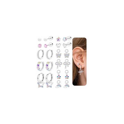 Morfetto Kinder Ohrringe Mädchen Damen Silber Hypoallergen Medizinische Ohrstecker und Creolen Mädchen Hängend Chirurgenstahl Bunt Cz Schmetterling Perle Blume Schleife Stern Kinderohrringe Set