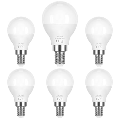 Queeplo E14 LED Kaltweiß Glühbirne 7W 540 Lumen 6500K Lampe G45 P45 Energieeffizient Globus Leuchtmittel 200 Abstrahlwinkel entspricht 60 Watt Glühlampe Nicht Dimmbar 6er-Pack