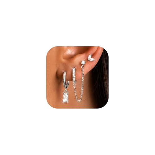 JeweBella 3 Paar Ohrringe Gold Set für Damen Hypoallergen 14K Vergoldet Piercing Ohr Medizinische Ohrstecker Kette Creolen Ohrringe mit Anhänger Knorpel Ohrringe Set für Mehrere Ohrlöcher Silber Gold