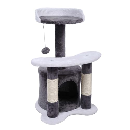 Wiltec Kratzbaum 67 cm hoch in Grau Weiß Katzenkratzbaum mit Sisal Katzenbaum mit Plattform Katzenhöhle und Spielball Kletterbaum für Katzen