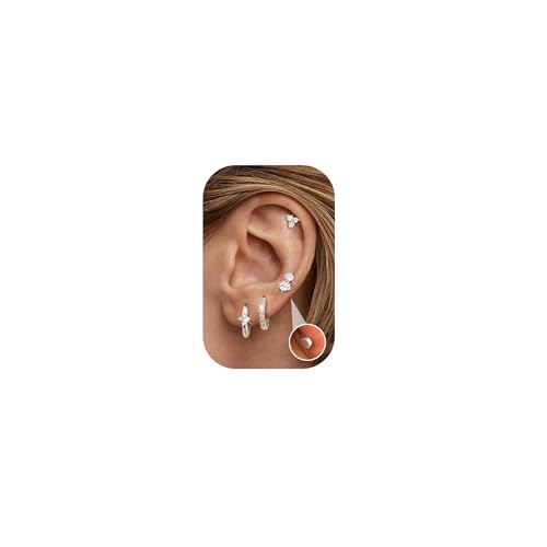 JeweBella 4 Paar Hypoallergen Ohrringe Gold Silber für Damen Mädchen - Kleine Medizinische Ohrstecker Creolen Silber Chirurgenstahl Zirkonia Knorpel Set für Mehrere Piercings