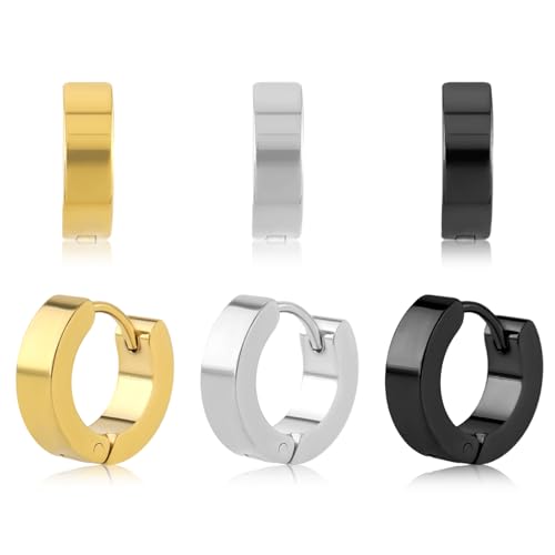Creolen Für Männer 3 Paar Edelstahl Creolen Herren 9mm Klassische Herren Ohrringe Hypoallergen Kleine Hypoallergen Punk Ohrringe Für Mäner Frauen Schwarz Gold Silber