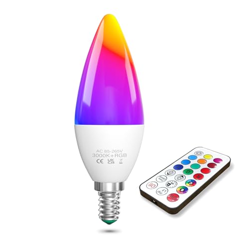 TobeBright LED Leuchtmittel Farbwechsel E14 3W RGB Glühbirne E14 mit Fernbedienung Warmweiß 3000K RGB Dimmbar Farbige Birne E14 40W Äquivalent Speicher- und Timing-Funktion 1er-Pack