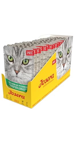 JOSERA Pat Ente Huhn mit Petersilie 16 x 85 g Adult Premium Nassfutter für ausgewachsene Katzen Pastete Ente Huhn Lachsöl getreidefrei Katzenfutter nass im Frischebeutel 16er Pack