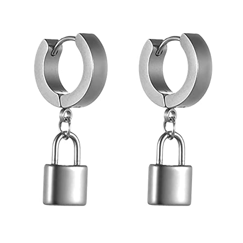 JewelryWe Creolen Ohrringe mit Schloss Anhänger Silber Edelstahl Huggie Creolen mit Baumelnde Sperren Unisex Gothic Hängende Ohrringe Ohrstecker Ohrhänger Punk Schmuck Geschenk für Damen Herren