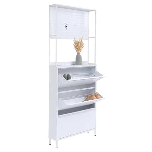 Mendler Schuhschrank HWC-O86 Schuhregal Schuhkipper 3 Kippfächer Ablage Haken Metall 201x80x20cm - weiß