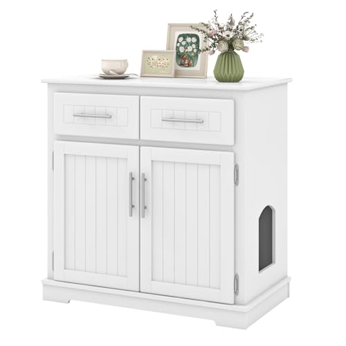SOARS Katzenschrank Katzenklo Schrank 3 in 1 mit 2 Türen und 2 Schubladen Anti-Kipp-Vorrichtung Seiteneingang Katzenhaus Katzenhöhle Katzenkommode für Innenbereich 80 x 45 x 80 cm