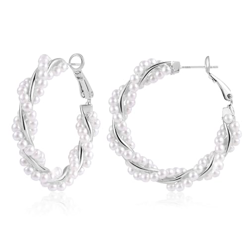 Kleine Perlen Creolen für Damen Silber Creolen Ohrringe Großer Kreis rund Kleine Perlen S925 Hypoallergen Leichter Schmuck Geschenk 40 mm