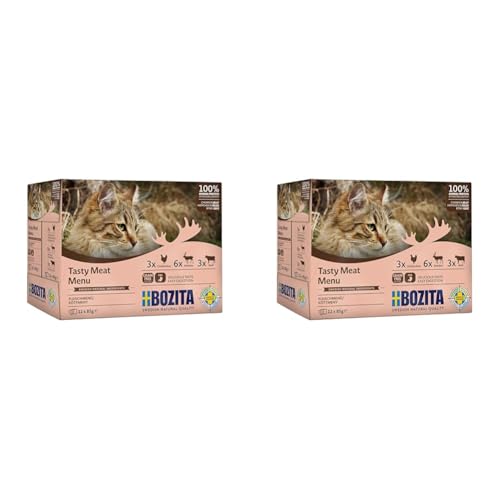 Bozita Nassfutter Häppchen in Gelee im Portionsbeutel Multibox 3X Hühnchenleber 3X Rind 6X Rentier 12x85g Getreidefreie Katzenfutter Nassfutter Packung mit 2