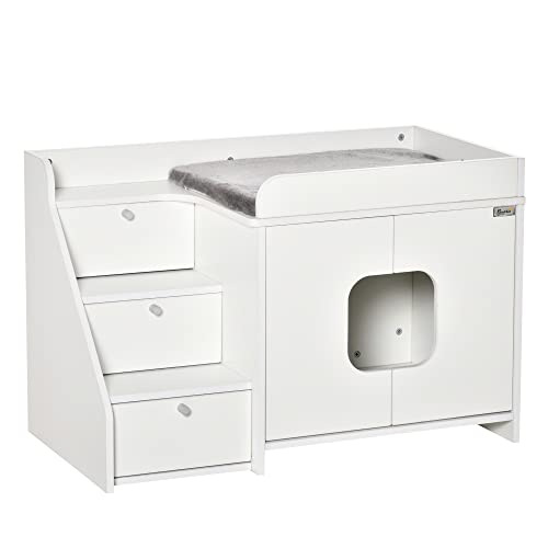 PawHut Katzenschrank für katzentoilette Katzenklo mit 3 Stufen der Treppe Katzenhaus Katzenhöhlen Katzenschrank für Katzenbett mit Türöffnung Weiß 90 x 48 x 59 cm