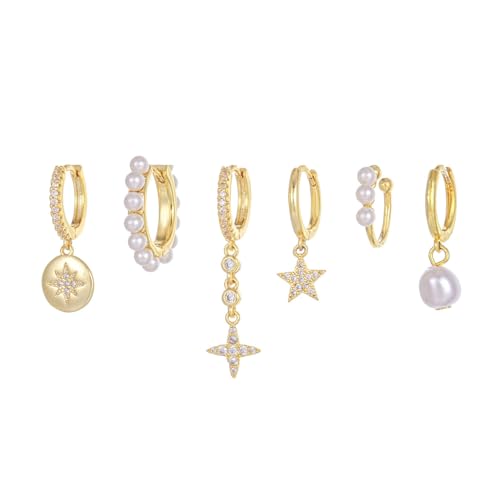 TOBS Ohrringe Set 6 Pcs Sterling Silber Gold Ohrstecker Set Sterne Zirkonia Ohrringe Vergoldete Perlen Creolen mit Anhänger Earings Schmuck Geschenk Gold