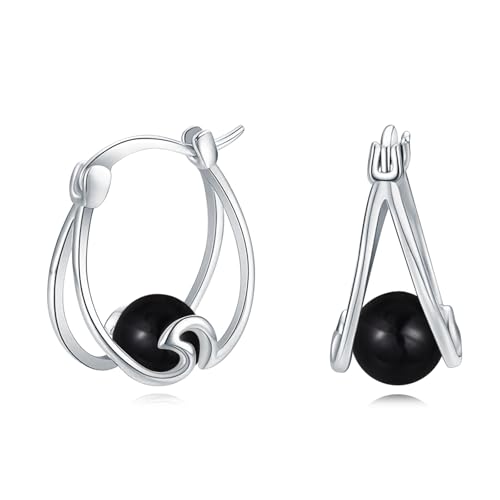 Schwarzer Onyx Creolen für Damen 925 Sterling Silber Huggie Ohrringe Schwarzer Onyx Ohrringe Kreis klappbare Creolen Ohrring Geschenk für Frauen Mädchen Schwarzer Onyx
