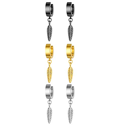 JewelryWe Feder Ohrringe Creolen Edelstahl 3 Paar Herren Damen Huggie Kreolen Ohrstecker Ohrhänger mit Blatt Flügel Ohrhänger Hängende Ohrringe Ohrpiercings für Frauen Männer Silber Gold Schwarz