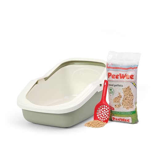Katzentoilette PeeWee EcoMinor Katzenklo offen Schale Katzen WC inkl. 3kg Streu Holzpellets Pellets Farbe Salbeigrün-Creme