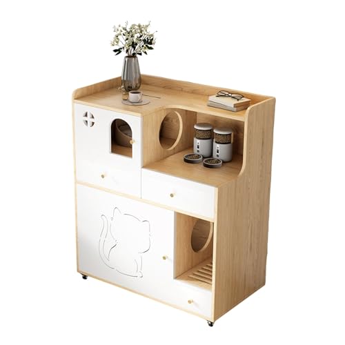Versteckte Katzentoilette mit Aufbewahrungsschublade Katzentoilette-Schrank mit oberem Ablagefach Anti-Sand-Auffangsystem leisen Rädern verdickter Massivholzplatte A-1