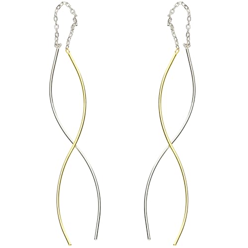 LÖB 925 Silber Durchzieher Gold Ohrringe Hängend Spirale Minimalistisch Damen Bicolor Ohrhänger Vergoldet zum Durchziehen Einfädler Modern