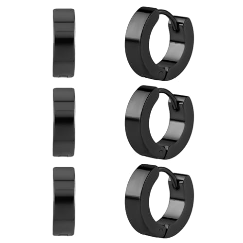 Creolen Für Männer 3 Paar Edelstahl-Creolen Herren 9mm Klassische Herren Ohrringe Hypoallergen Kleine Hypoallergen Punk Ohrringe Für Mäner Frauen Schwarz