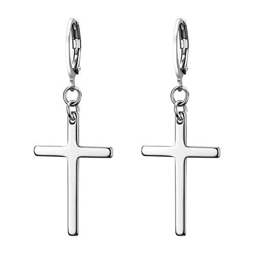 JewelryWe Schmuck Unisex Creolen Edelstahl Klassisches Kreuz Ohrringe Ohrstecker Ohrhänger Ohr-Piercing für Herren Damen Silber