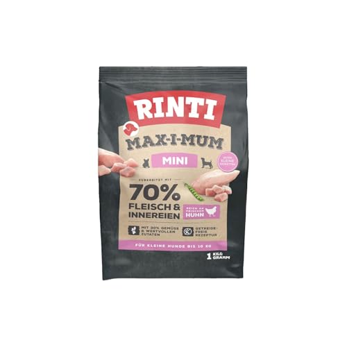RINTI - Max-i-Mum Mini Trockenfutter für kleine ausgewachsene Hunde mit 70% Fleisch Innereien. Getreidefreies Alleinfutter mit ausgewogenem Protein- Fett-Verhältnis 7x1kg Huhn