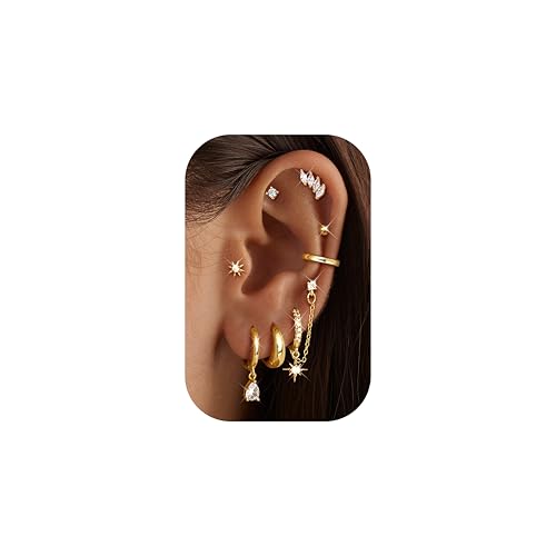 Adramata Ohrringe Gold Set Edelstahl Ohrringe für Damen 14K Vergoldete Ohrring Creolen Ketten Ohrring Hängend Hypoallergen Ohrstecker Set Damenohrringe Gold Silber Tragus Helix Piercing Or 8Paar