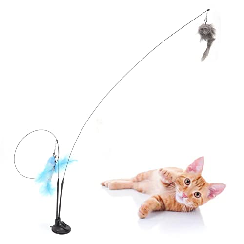 EIMSOAH Katzen-Federstab-Spielzeug mit Saugnapf Doppelseitiger Abnehmbarer Stahldraht Interaktives Blauer Fliegender Fisch und graue Maus
