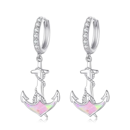 MEDWISE Anker Ohrringe 925 Sterling Silber Tropfen Creolen Mädchen Ohrringe Pink Opal Ohrringe Anker Anhänger Schmuck für Damen Frauen Mädchen Freundin Kinder Geburtstags Geschenke Geschenk-Box