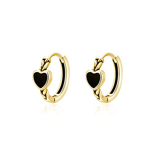 SLUYNZ 925 Sterling Silber Schwarz Herz Huggie Hoop Ohrringe für Frauen Teenager Retro Kleine Herz Creolen Ohrringe Knorpel Helix Ohrringe B-Gold Plated