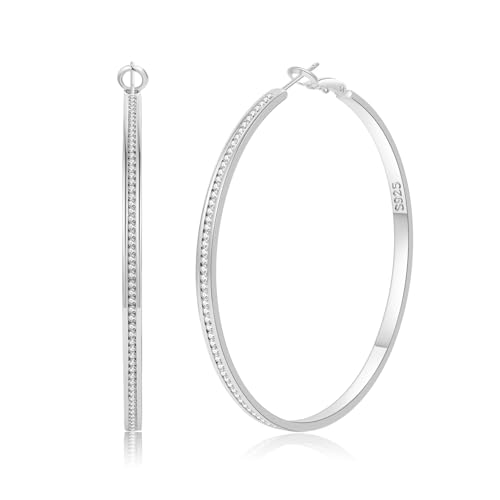 SENTERIA Creolen Silber 925 Damen Hypoallergene Funkelnde Silber Strass Creolen Leichte Ohrringe Silber Groß mit Kubischem Zirkonia 50MM