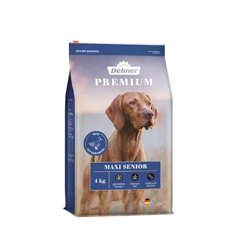 Dehner Premium Hundefutter Maxi Senior Trockenfutter getreidefrei für ältere Hunde großer Rassen Ente Lamm Kartoffel 4 kg