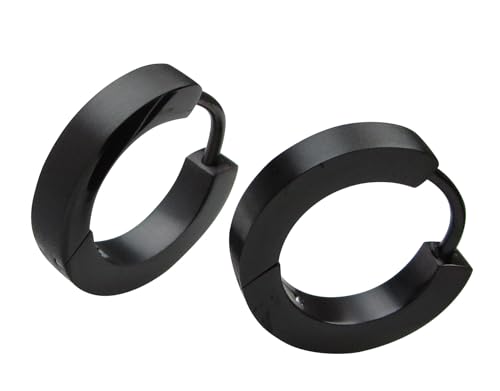 Kikuchi Herren Ohrringe Titan Stäbchen Edelstahl Creolen Hoop Gerade Kantig 15mm 3mm Schwarz Matt ERTS023