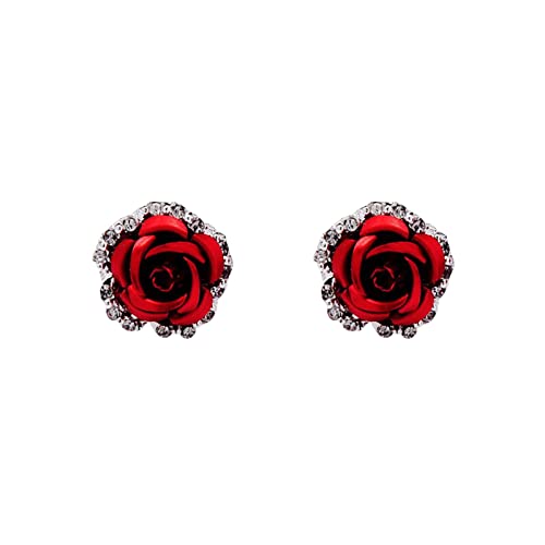 jieGorge Ohrringe Rose Strass Ohrringe Thin Dangle Rose Elegante Strass Ohrringe Hochzeit Frauen Accessoires Schmuck Rose Ohrringe für Frauen Ohrringe Silber 925 Creolen Klein Red One Size