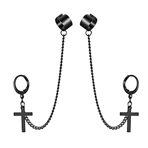 JewelryWe Schmuck Herren Damen Ohrringe Edelstahl Kreuz Kruzifix Creolen Ohrstecker Ohrclip Ohrklemme Ohrkette Hip-Hop Vatertag Geschenk Schwarz