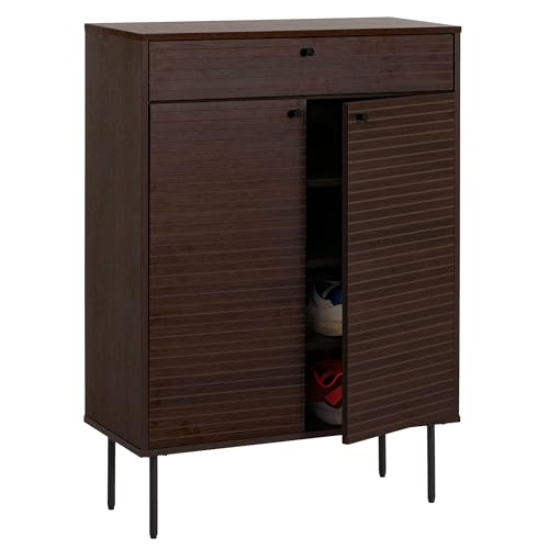 Schuhschrank HWC-N78 Schuhregal Schrank skandinavischer Stil Metall Holz Melamin MVG 115x80x35cm - Dunkelbraun