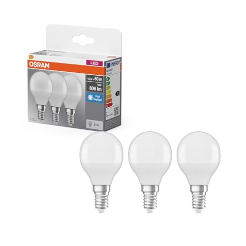 OSRAM LED Lampe Base Miniballform E14 matt 6500K kaltweiß stoßfest UV-frei ersetzt 60 W 15000 h sofort 100% Licht Büro