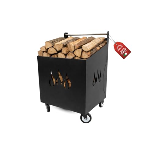MOHOME Holzwagen für Innen und Außen mit drehbaren und festen Rädern aus schwarzem Stahl hergestellt in Italien Behälter 80 x 50 x 52 cm Holz ergonomischer Griff Holzkorb Kamin bereits montiert
