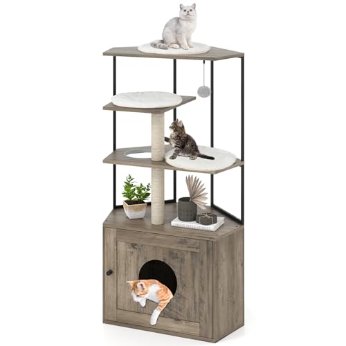 COSTWAY Kratzbaum mit Katzenklo Schrank Katzenschrank für Katzentoilette Katzenhaus Holz Katzenkratzbaum mit Sisalpfosten Plattformen Katzenloch Matten Katzenmöbel Katzenbaum Katzen Braun