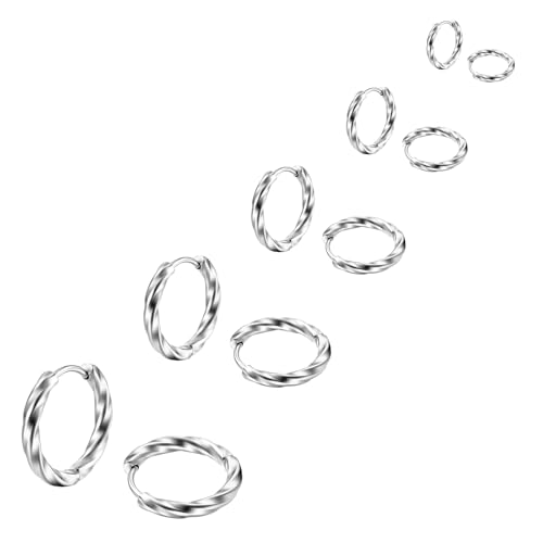 Hinvan 5 Paar Set Titan Edelstahl Ohrringe für Damen Herren Mädchen Ohrringe Herren Creolen Ohrringe Damen Creolen Ohrringe Gedrehte Ohrringe Männer Creolen Ohrringe Creolen Klein 8-16MM Silber