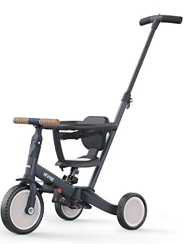 newyoo 5 in 1 Laufrad 1 3 Jahr Kinderdreirad schubstange Kinderfahrrad Laufräder Lauffahrrad inkl. Lenkstange Sicherheitsbüge TR008 Dunkelgrau
