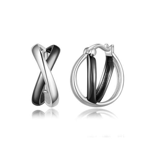 PHNIBIRD Creolen Silber Schwarz 925 Sterling Silber Bicolor Ohrringe Klassisch X Symbol Hypoallergene Leicht Ohrringe Schwarz Creolen Geschenk für Frauen